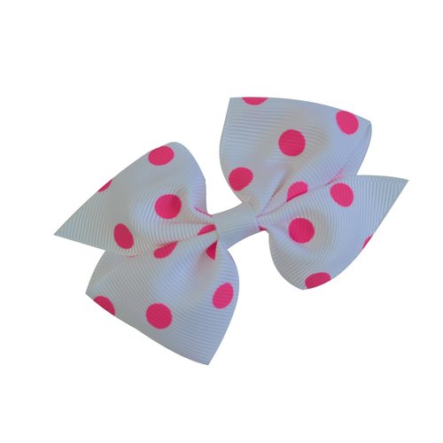 Funny Girl Designs 3.5 Inch Polka Dot Pinwheel Bow (Alligator Clip, White Bow with Hot Pink Dots)