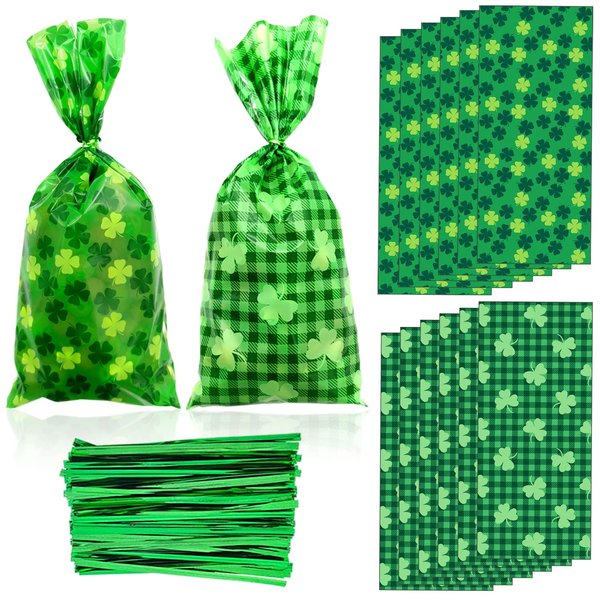 Ahzemepinyo 120 Pieces Saint Patrick's Day Cellophane Bags Party Favors Treat Bags Shamrock Clover Cellophane Candy Bags with 120 Pieces Twist Ties for Irish Party Decorations Supplies, 11" x 5"