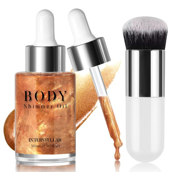 HOSAILY Body Shimmer Oil, Face Body Glitter Moisturizing Liquid Highlighter Illuminator Shine Drops Body Luminizer Glowing Makeup Non-Sticky Holographic Glitter Oil Under Light (Bronze Gold)