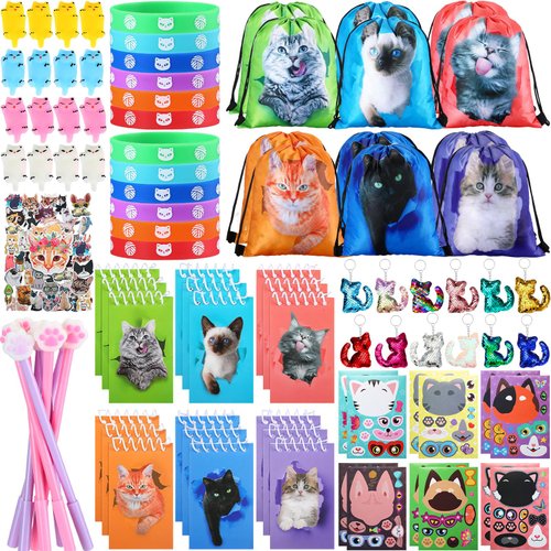 Jerify 91 Pcs Cat Party Favors Cat Birthday Decoration Cat Party Supplies Cat Goodie Bag Fillers Cat Drawstring Backpack Bracelets Squeeze Kids Toys Party Favors for Gift Reward Prizes(Novelty Style)