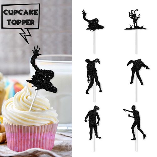 Black Glitter Halloween Zombie Dessert Cupcake Topper Fantasy Horror Theme Decor Supplies Boys Girls Woman Man Happy Birthday Party Decorations