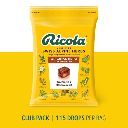 Ricola Original Herb Cough Drops, 115 Count, Cough Suppressant & Throat Relieving Drops with Original Herb Sourced Menthol, Pleasing Herbal Taste for Coughs & Throat Irritation Symptom Relief