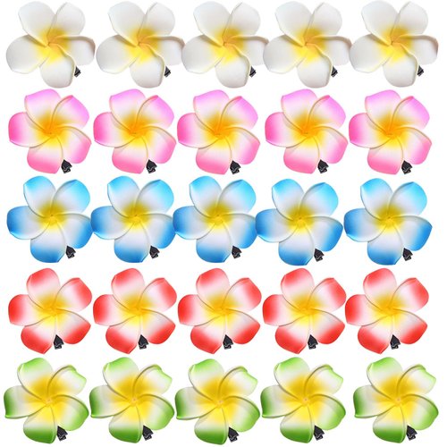 25Pcs 2.5 Inch Mix Colors Foam Hawaiian Frangipani Artificial Plumeria Flower Hat Hair Clips for Home Bridal Wedding Tropical Party Beach Vacation Decoration
