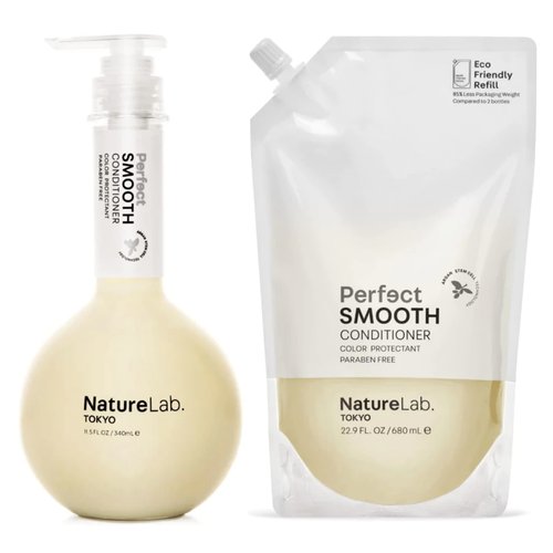 NATURELAB. TOKYO Perfect Smooth Conditioner + Eco-Friendly Refill Pouch Bundle | Lightweight Moisturizing Conditioner for Smoother Frizz-Free Hair | 11.5 oz & Refill 22.9 FL OZ | $38 VALUE