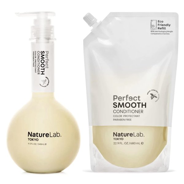 NATURELAB. TOKYO Perfect Smooth Conditioner + Eco-Friendly Refill Pouch Bundle | Lightweight Moisturizing Conditioner for Smoother Frizz-Free Hair | 11.5 oz & Refill 22.9 FL OZ | $38 VALUE