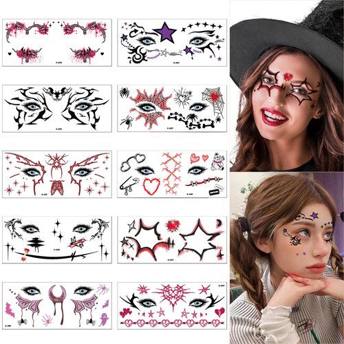 Halloween Face Temporary Tattoos Face Stickers Day of the Dead Makeup Tattoo Stickers Eye Shadow Stickers Spider Spiderweb Temporary Face Stickers for Women Halloween Accessories Tattoo Decals 10Pcs