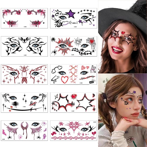 Halloween Face Temporary Tattoos Face Stickers Day of the Dead Makeup Tattoo Stickers Eye Shadow Stickers Spider Spiderweb Temporary Face Stickers for Women Halloween Accessories Tattoo Decals 10Pcs