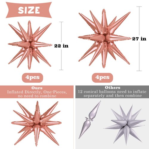 Wrbin 8 Pcs Rose Gold Star Balloons, 27/22 inch One-Piece Explosion Foil Balloons for Birthday, Baby Shower, Wedding, Valentine's Day, Anniversary, Graduation Party Decorations(Rose Gold)