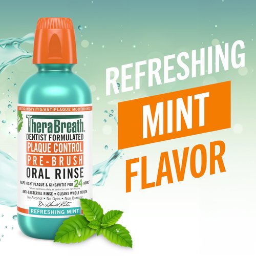 TheraBreath Plaque Control Mouthwash, Cool Mint, Pre-Brush Rinse, 16 Fl Oz