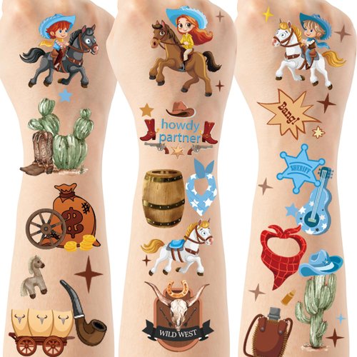Cowboy Party Temporary Tattoo Stickers - 6 Sheets My First Rodeo Party Favors Supplies, Howdy Partner Tattoos, Western Theme Baby Shower Decorations, Treat Bag Stuffers for Kids