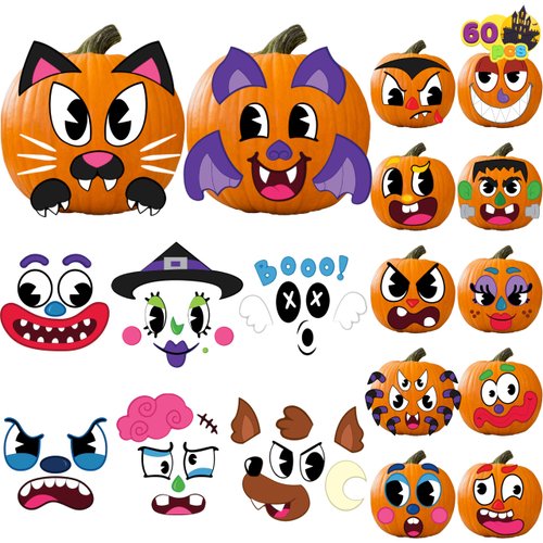 JOYIN 60 Pcs Halloween Pumpkin Decorating Stickers, Halloween Art Craft Party Supplies, Party Favor for Kid, Jack-O-Lantern Face Sticker Sheets, School Activities Pumpkin decor Treat Classroom Goodies
