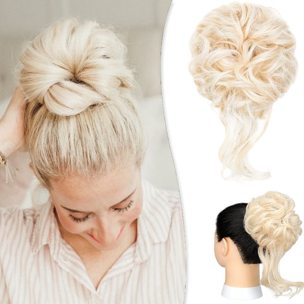 Messy Bun Hair Piece,Qunlinta Long Wavy Tousled Updo Hair Bun Extensions Wavy Hair Wrap Ponytail Hairpieces Hair Scrunchies with Elastic Hair Band for Women Girls -Bleach Blonde