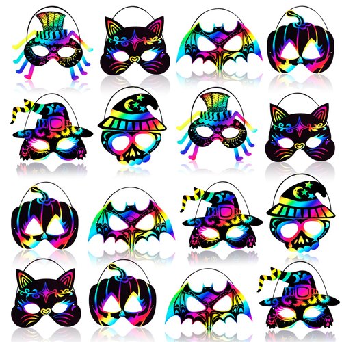 Max Fun 36PCS Halloween Rainbow Scratch Mask, Art Craft Kit for Kids Birthday Cosplay Classroom Decoration, Magic Scratch Paper Halloween Party Favor Supplies Bat Witch Pumpkin Zombie Pirate Skull