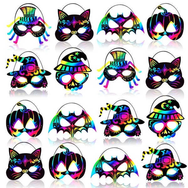 Max Fun 36PCS Halloween Rainbow Scratch Mask, Art Craft Kit for Kids Birthday Cosplay Classroom Decoration, Magic Scratch Paper Halloween Party Favor Supplies Bat Witch Pumpkin Zombie Pirate Skull