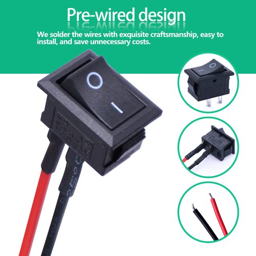 Twidec/10Pcs Rocker Switch AC 6A/250V 10A/125V SPST 2 Pins 2 Position ON/Off Car Boat Square Black Rocker Switch Toggle with Pre-soldered Wires KCD1-X-F