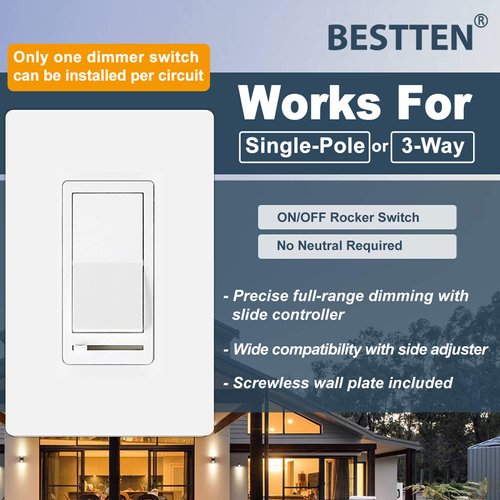 BESTTEN Modern Designer Dimmer Light Switch, 3 Way or Single Pole, for Dimmable LED Lamps, CFL, Incandescent or Halogen Bulbs, UL Listed, Screwless Wallplate Included