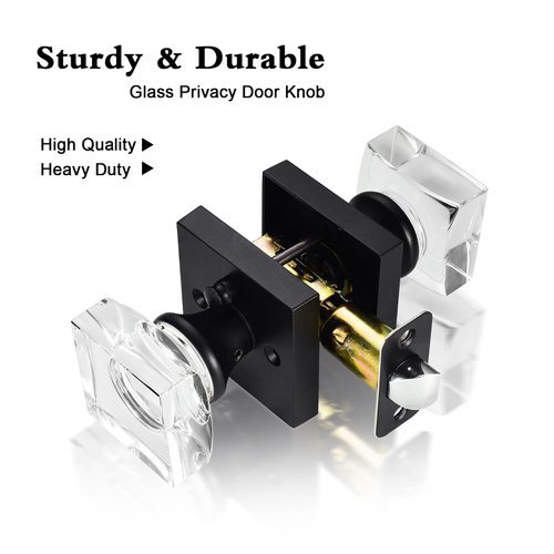 coolnews Crystal Glass Door Knobs Interior, Square Privacy Door Knob for Bedroom/Bathroom, Matte Black