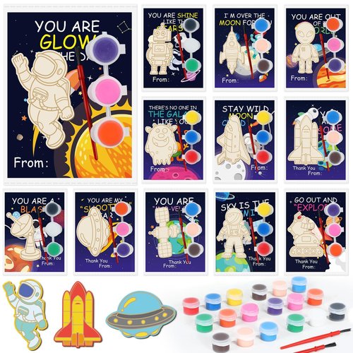 Justforjoyful 24Pcs Space Party Favors Space Cards with Art Supplies Outer Space Wood Painting Cr...