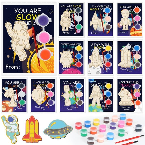 Justforjoyful 24Pcs Space Party Favors Space Cards with Art Supplies Outer Space Wood Painting Craft Kits for Astronaut Planet Thank You for Coming Gifts for Solar System Birthday Gifts Bulk Decor