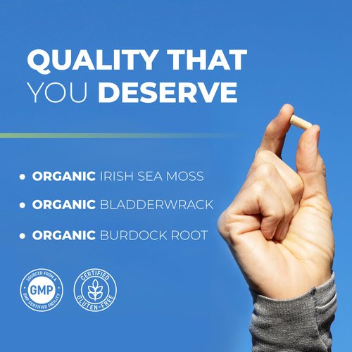 Irish Sea Moss Capsules | With Organic Irish Moss, 300mg Burdock Root & 500mg Bladderwrack Powder | 45-Day Supply | 1300mg Complex | Provides Iodine for Thyroid & Immune Support | 90 Veggie Pills