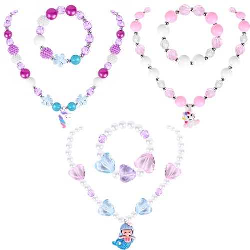 BigOtters Girl Princess Necklace Bracelet, Sets of 3 Colorful Jewelry Necklaces for Girls Toddler...