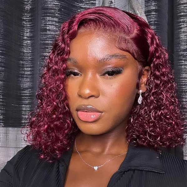 Realloves Burgundy Curly Wigs Human Hair,13x4 Short Curly Lace Front Wigs Human Hair Colored Short Curly Bob Human Hair Wig Per Plucked with Baby Hair for Women (99j bob wigs 14inch)