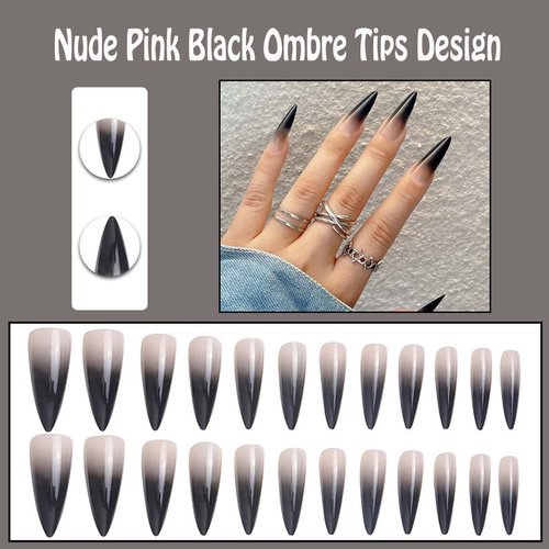 ANDGING Press on Nails Short Medium Stiletto, Fake Nails for Women with Nude Pink Black Ombre Tips Design, Full Cover Acrylic Nails Press on, Reusable Glue on Nails Stick on Nails for Christmas 24Pcs