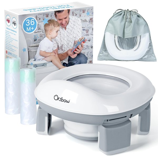 Orzbow Portable Potty Training Toilet for Boys and Girls with Storage Bag - Foldable Travel Potty Chair, Toddler Potty Seat for Indoor and Outdoor, Easy to Clean, Includes Free 40pcs Travel Bags(Gray)