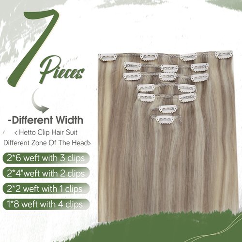 Hetto Blonde Hair Extensions Clip in Human Hair 16 Inch #17/23 Dirty Blonde Highlighted Clip in Hair Extensions Real Human Hair 7pcs 120g Double Weft Clip in Extensions