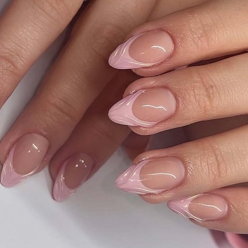 Foccna French Tip Press on Nails Almond - Press on Nails Short, Acrylic Fake Nails Pink 3D Design Nails Clear False Nail Tips,24pcs