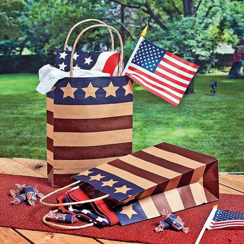 Fun Express 6 1/2" x 9" Americana USA Paper Gift Bags, 12 Piece, Great for Memorial Day, 4th of July, Veterans Day and any Patriotic Event