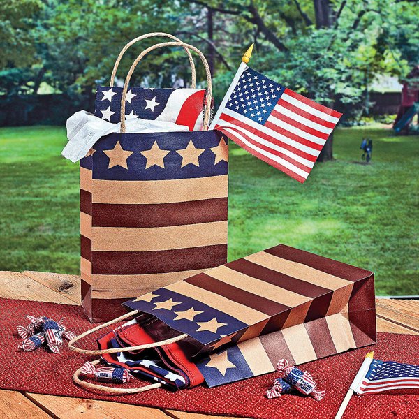 Fun Express 6 1/2" x 9" Americana USA Paper Gift Bags, 12 Piece, Great for Memorial Day, 4th of July, Veterans Day and any Patriotic Event