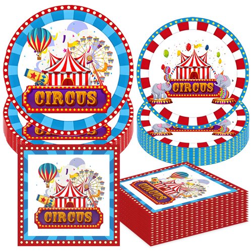 PGSWEER 40pcs Circus Carnival Party Paper Plates Napkins Circus Tent Amusement Park Tableware Sets Circus Theme Elephant Birthday Kid Boy Girl Decorations Supplies