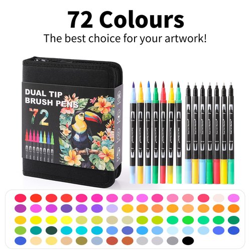 TOSHARE Double Brush Marker Pens, 72 Colors Art Markers Set with Fine Tip and Brush Tip for Kids Adult Coloring Book Hand Lettering Calligraphy Drawing Art Supplies Kit