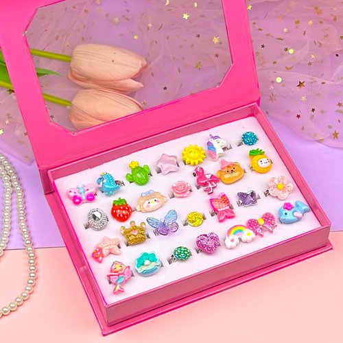 ELEMIRSA Little Girl Jewel Rings in Box, Girl Princess Pretend Play and Dress Up Rings, Toddler Girl Birthday Gifts, Adjustable, No Duplication, 28pcs