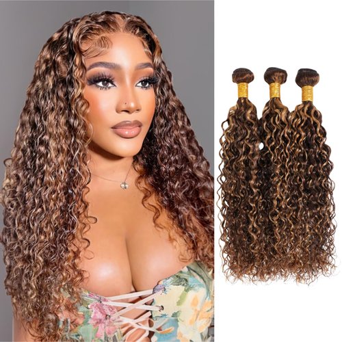 Honey Blonde Water Wave Bundles Human Hair 22 Inch, Soft & Shed-free P4/27 Ombre Piano Color Curly Brown And Blonde Highlight Weave Human Hair Bundles Wet and Wavy 10A 100% Virgin Hair Single Bundle
