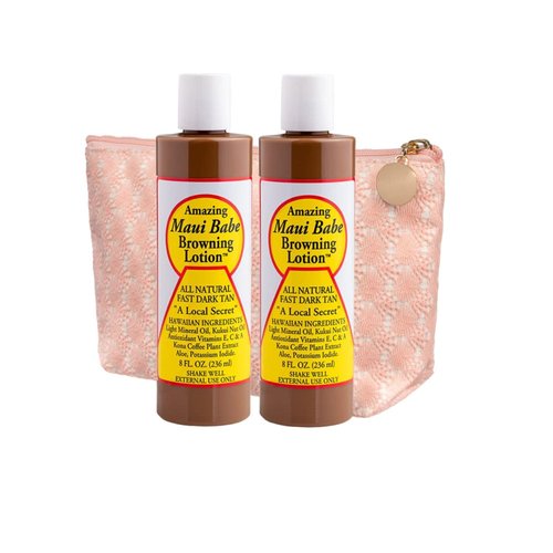 Maui Babe Browning Lotion - Outdoor Tanning Lotion 8 ounce (Pack of 2) with Makeup Bag - Amazing Maui Babe Suntan Lotion - Tanning Formula Sun Lotion