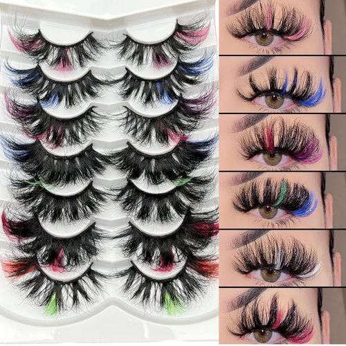 Mikiwi Colored Mink Lashes, Stripes Colors Colorful Eyelashes, 7 Pairs Mix 25mm Real Mink Lashes With Color on end, Fluffy Curly Colored Mink Eyelashes