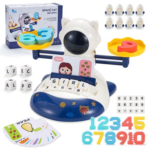 VEAIS 3 in 1 Math Game Toys for Kids 3 4 5 6 7 Year Old, Preschool Alphabet Learning Toys for Toddlers, Space Balance Learning Toys with Spelling Counting & Reading, Flash Cards Gifts for Boys Girls