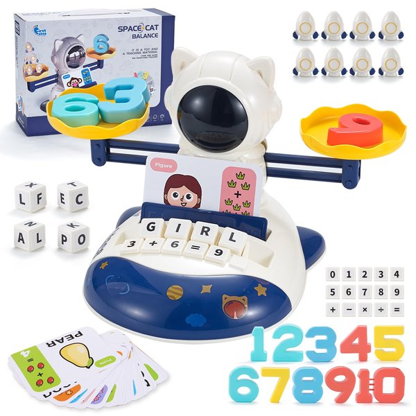 VEAIS 3 in 1 Math Game Toys for Kids 3 4 5 6 7 Year Old, Preschool Alphabet Learning Toys for Toddlers, Space Balance Learning Toys with Spelling Counting & Reading, Flash Cards Gifts for Boys Girls