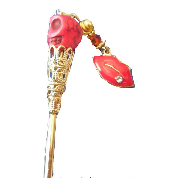 Hair Stick. Adult Artist Gothic Turquoise Magnesite Skull with Red Enamel Lips Charm with Austrian Crystal Accent x 1pc