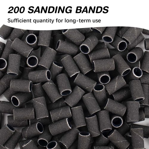 Rolybag Sanding Bands for Nail Drill 240 Grit Extreme Fine Nail Sanding Bands 200Pcs Black Professional Sanding Bands and 2Pcs Nail Drill Bits for Manicures and Pedicure