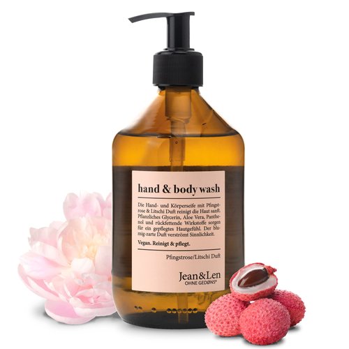 Jean & Len Hand & Body Wash Peony & Lychee, cares the skin while washing, delicate floral fragrance, shower gel & soap, without parabens, silicones & microplastics, vegan, glass bottle 16.91 Fl Oz.