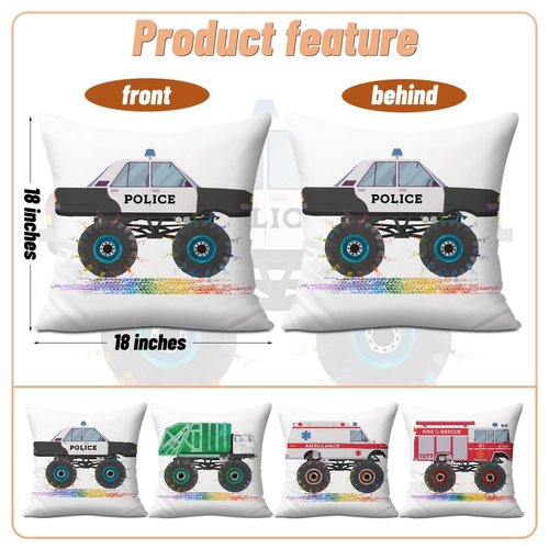 Monster Trucks Pillow Covers, Throw Pillow Covers 18x18, Pack of 4 Zipper Pillow Cases, Firetruck Garbage Truck Ambulance Police Car Pillow Protectors, Bed Playroom Nursery Boys Room Decor Pillowcase