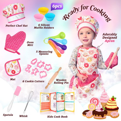 GIFTINBOX Kids Cooking and Baking Chef Set, 25PCS with Kids Apron,Chef Hat&Utensils Kids Cooking Set, Toddler Dress Up and Pretend Play Kitchen Toys, Birthday Toys for 3 4 5 6 7 8 Yr Old Girls Boys