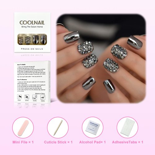 Coolnail Punk Dark Smoky Gray Reflective Mirror Metal Plating False French Nail Tips Punk Metallic Diamond Fake Nails With Glue Sticker