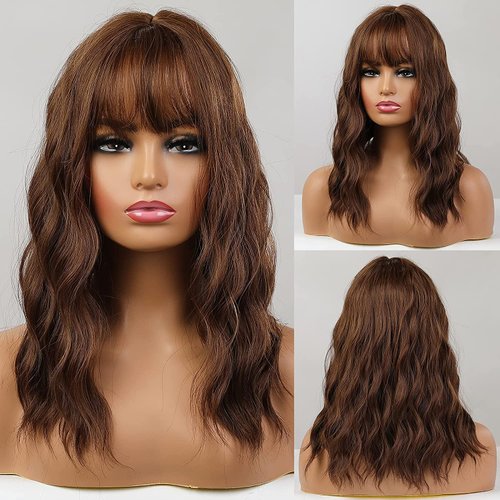 HAIRCUBE Short Brown Curly Wigs With Bangs,Wavy Bob Wigs for Women Heat Resistant Synthetic Wigs