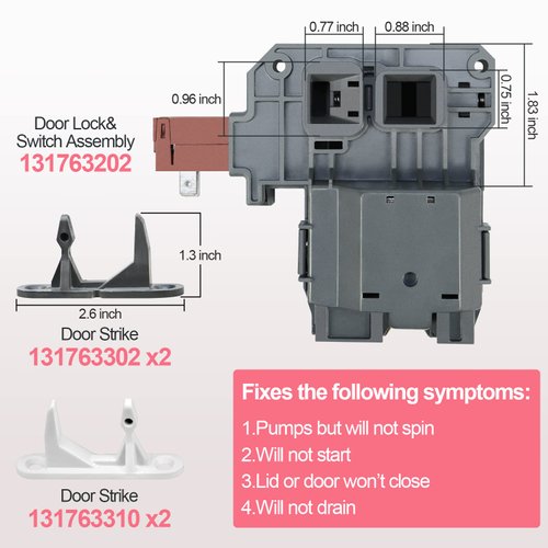 Upgraded New 131763256 Washer Door Latch Lock Lid Switch with 131763202 131763310 Door Striker Part Compatible with Frigidaire, Kenmore, Electrolux, GE Front Load Washer 1317632 131763255 131269400