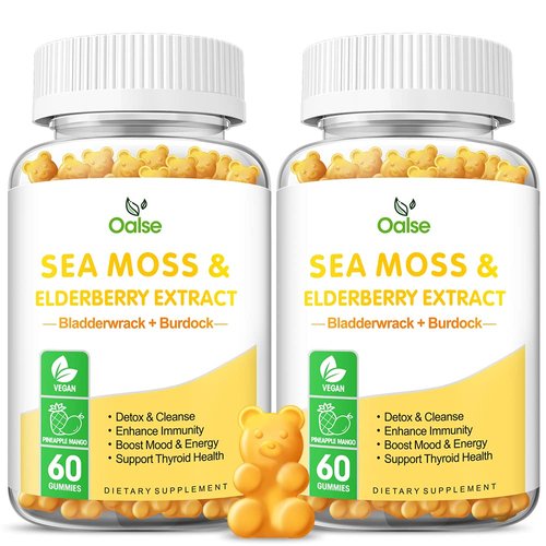 Organic Sea Moss Gummies for Adults and Kids, 2000mg Raw Seamoss, Bladderwrack, Burdock Root, Elderberry, Pepper, Vitamin C & D3, Zinc Supports Immune System & Boost Energy (2-Pack)