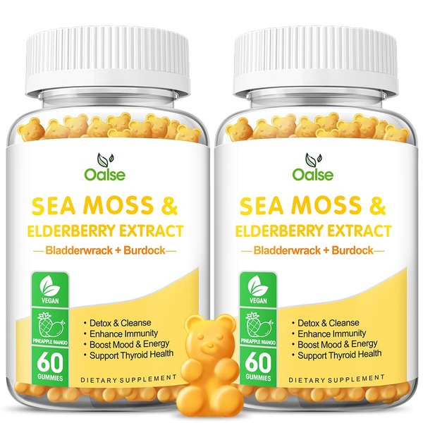 Organic Sea Moss Gummies for Adults and Kids, 2000mg Raw Seamoss, Bladderwrack, Burdock Root, Elderberry, Pepper, Vitamin C & D3, Zinc Supports Immune System & Boost Energy (2-Pack)
